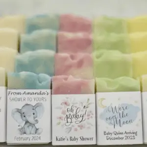 organic soaps favors in various pastel colors sold by Sansuna