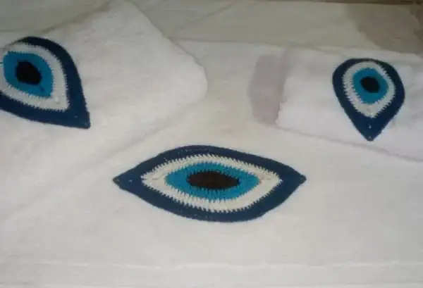 Egyptian Cotton 3 piece Bath Towel Set - Crochet with blue evil eye applique