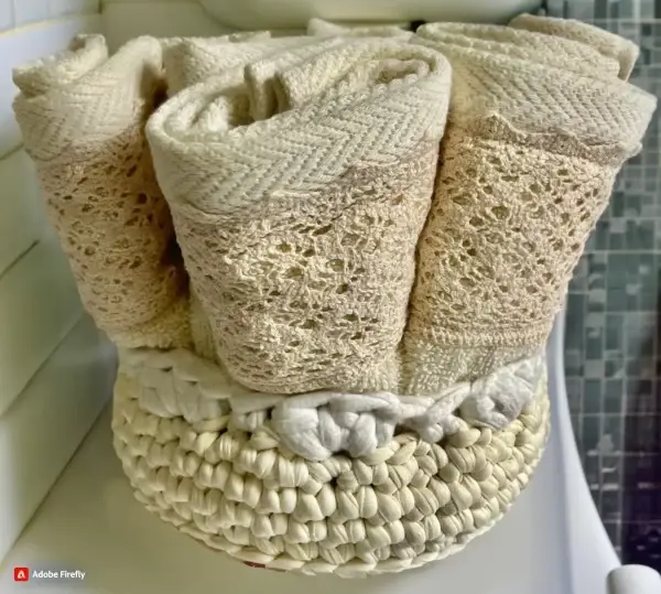 Egyptian cotton face towels in a knitted basket by the sink