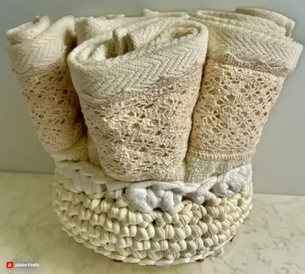 Egyptian cotton face towels in a knitted basket on a marble top