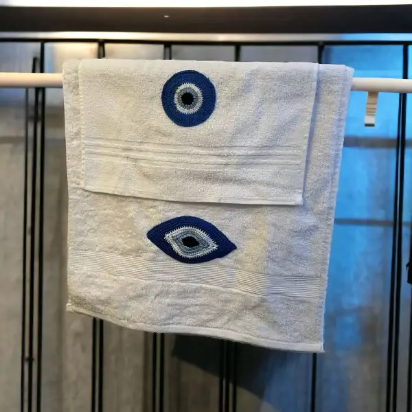 Egyptian cotton bath towel with evil eye applique white with blue evil eye