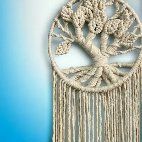 Handcrafted Ivory Macrame Tree Wall Hanging BABY BLUE BACKGROUND