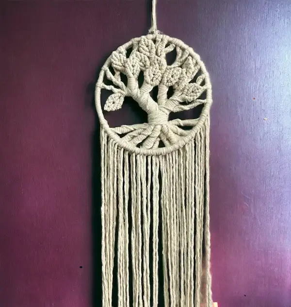 Handcrafted Ivory Macrame Tree Wall Hanging BURGUNDY BACKGROUND