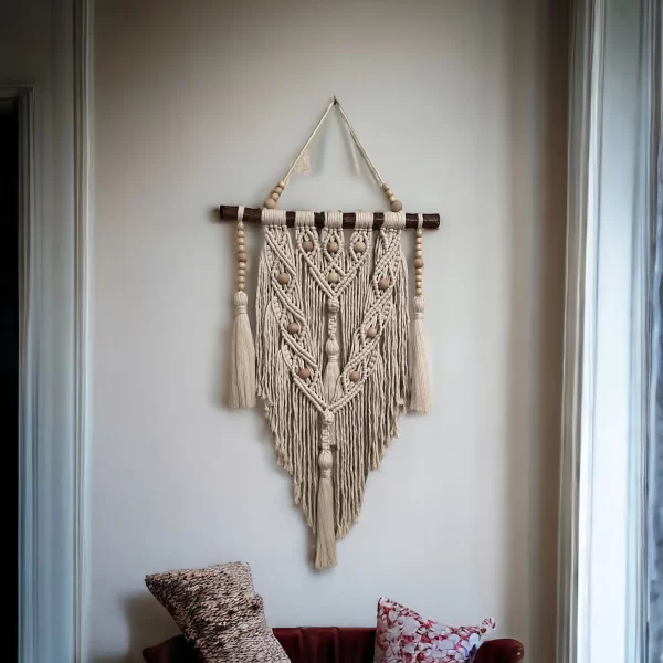 Handmade Boho Macrame Wall Hanging Decor - Geometric patterns with Tassels and Wooden Beads, Beige & Grey, 20x32 inches