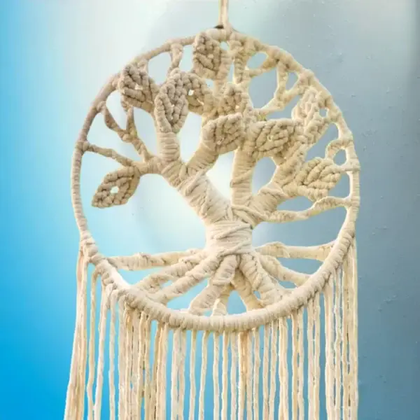 Handcrafted Ivory Macrame Tree Wall Hanging BABY BLUE BACKGROUND