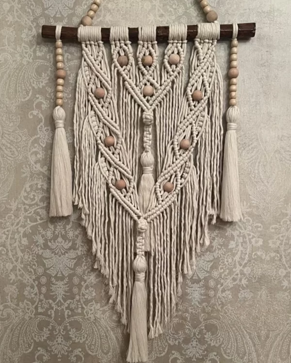 Handmade Boho Macrame Wall Hanging Decor - Geometric patterns with Tassels and Wooden Beads, Beige & Grey, 20x32 inches