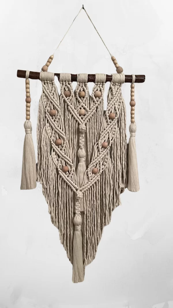 Handmade Boho Macrame Wall Hanging Decor - Geometric patterns with Tassels and Wooden Beads, Beige & Grey, 20x32 inches