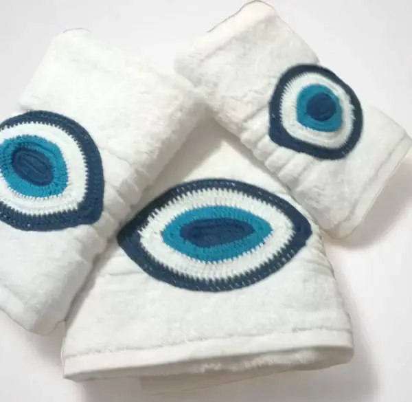 Egyptian Cotton 3 piece Bath Towel Set - Crochet with blue evil eye applique