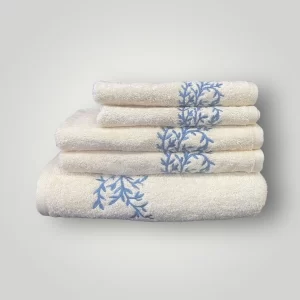 Cream Navy Blue Petals Embroidered Egyptian Cotton Towel Set