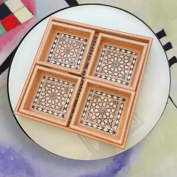 Elegant Nested Square Trays with Seashell Sadaf Mother of Pearl Inlay - Set of 4