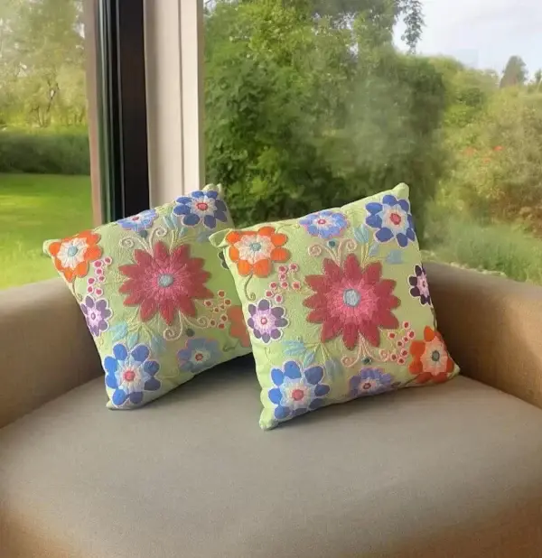 Handmade Green Pillow with Embroidered Flowers - Image 3