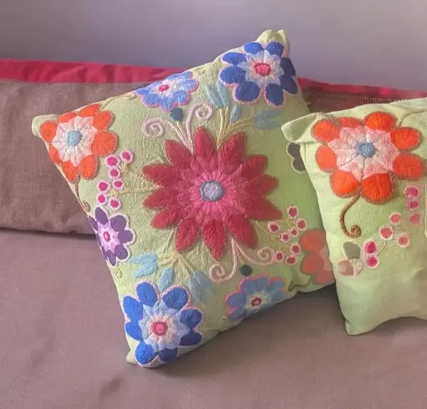 Handmade Green Pillow with Embroidered Flowers - Image 5