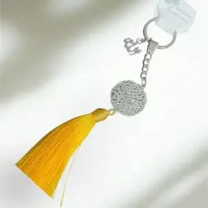 Elegant Silk Thread Keychain with Religious Pendants & Gold Tassel