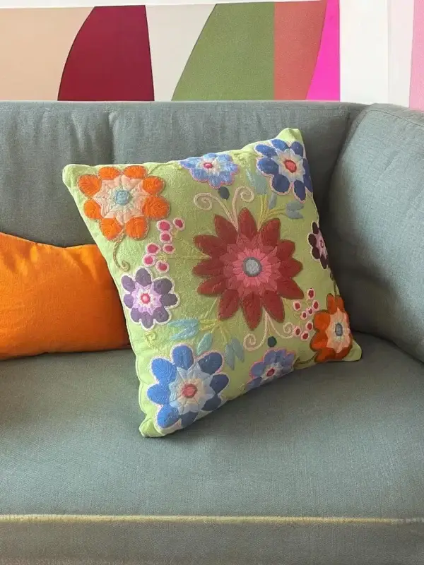 Handmade Green Pillow with Embroidered Flowers - Image 4