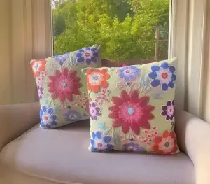 Handmade Green Pillow with Embroidered Flowers