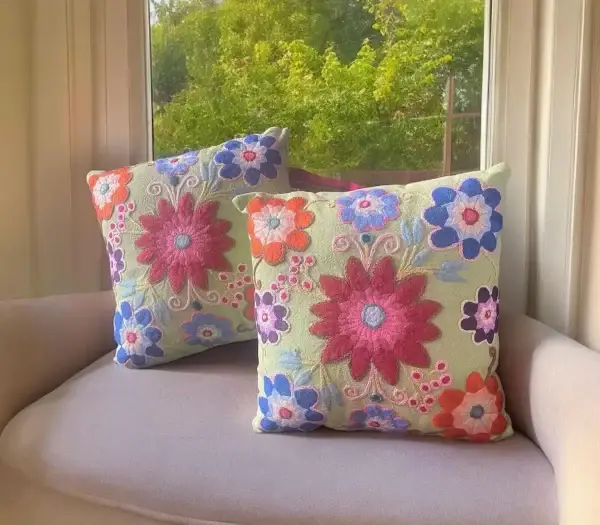 Handmade Green Pillow with Embroidered Flowers - Image 2