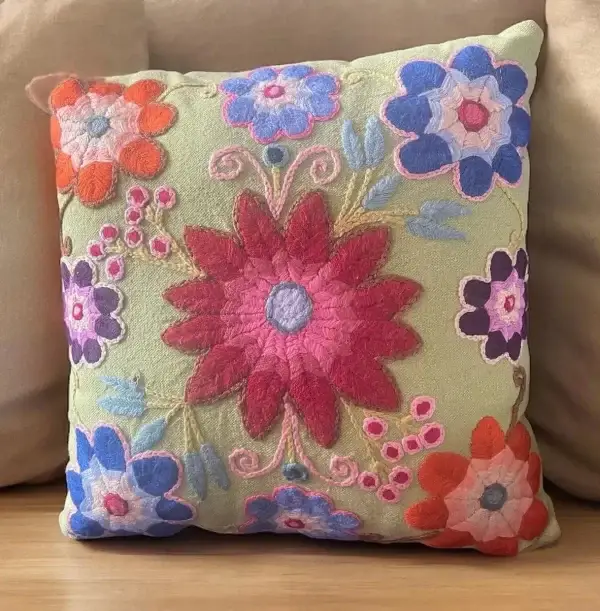 Handmade Green Pillow with Embroidered Flowers - Image 8