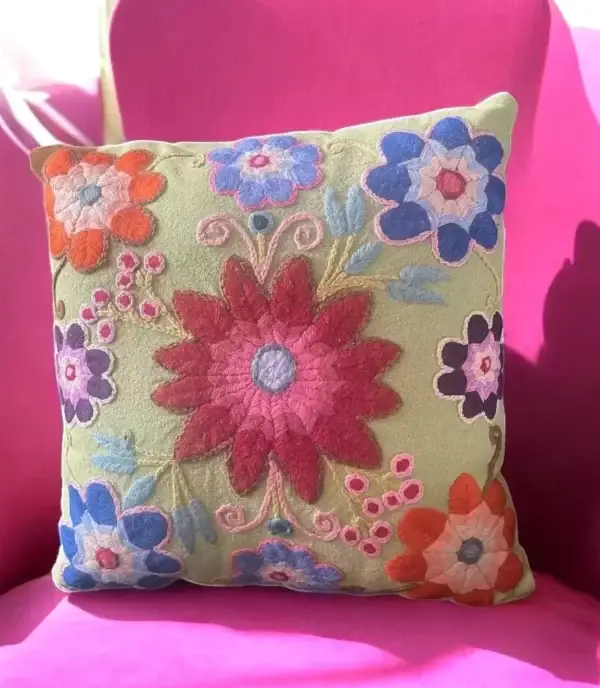 Handmade Green Pillow with Embroidered Flowers