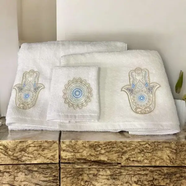 Blue & Gold Khamsa Embroidered Towel Set  - Protective & Stylish - Image 2