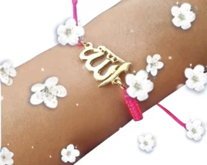 Gold-Plated Allah Charm Bracelet with Pink Braided Cord