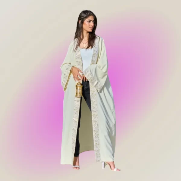 THICK ARABIC LETTERS KAFTAN crème with gold Embroidery calligraphy - Image 4