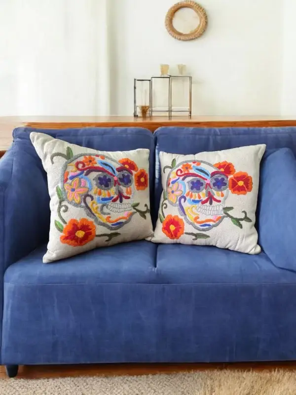 Hand-Embroidered Skull Pillow - Vibrant Multicolored Design on Tan Cotton - Image 3