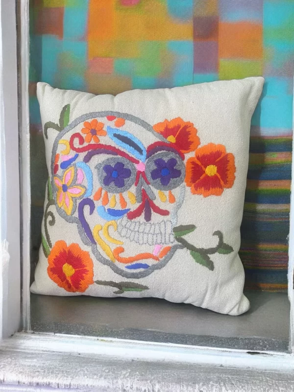 Hand-Embroidered Skull Pillow - Vibrant Multicolored Design on Tan Cotton - Image 2