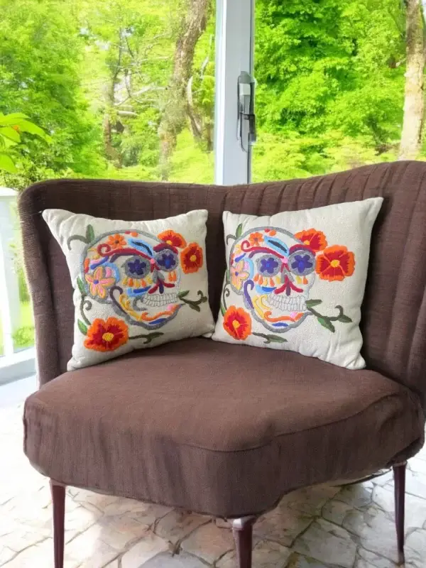 Hand-Embroidered Skull Pillow - Vibrant Multicolored Design on Tan Cotton - Image 6