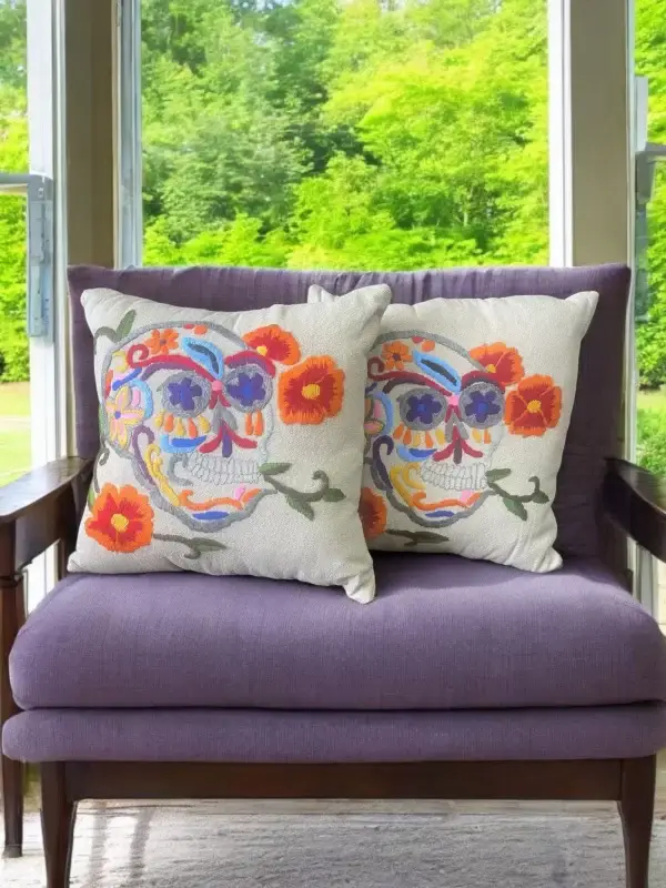 Hand-Embroidered Skull Pillow - Vibrant Multicolored Design on Tan Cotton - Image 5