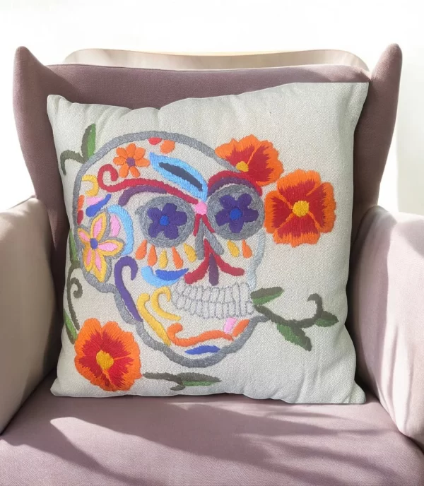 Hand-Embroidered Skull Pillow - Vibrant Multicolored Design on Tan Cotton