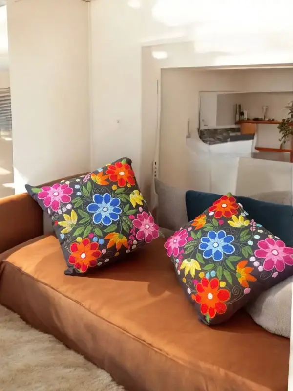 Floral Hand Embroidered Pillows - Black Rainbow Multicolored Design - Image 7