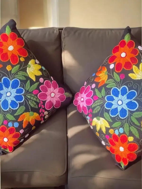 Floral Hand Embroidered Pillows - Black Rainbow Multicolored Design - Image 4