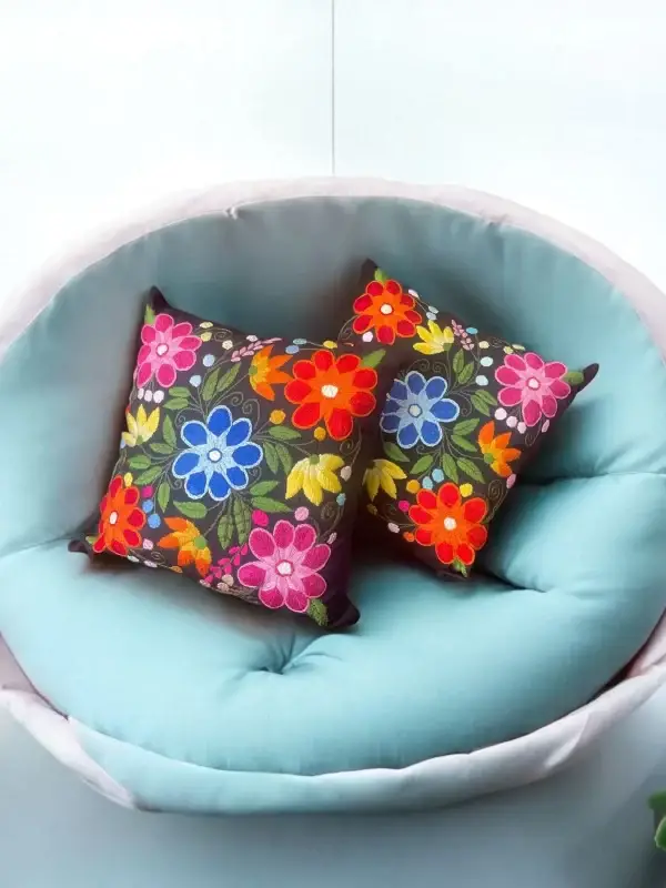 Floral Hand Embroidered Pillows - Black Rainbow Multicolored Design - Image 3