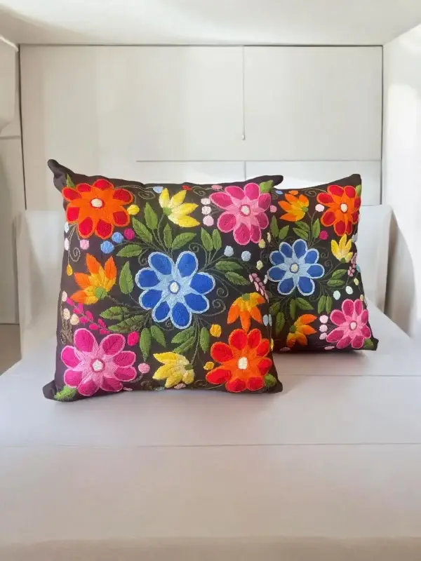 Floral Hand Embroidered Pillows - Black Rainbow Multicolored Design - Image 2