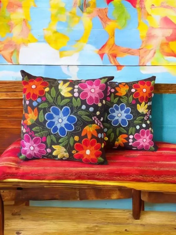 Floral Hand Embroidered Pillows - Black Rainbow Multicolored Design - Image 5