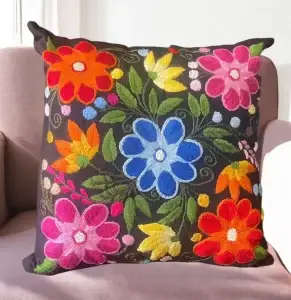 Floral Hand Embroidered Pillows - Black Rainbow Multicolored Design