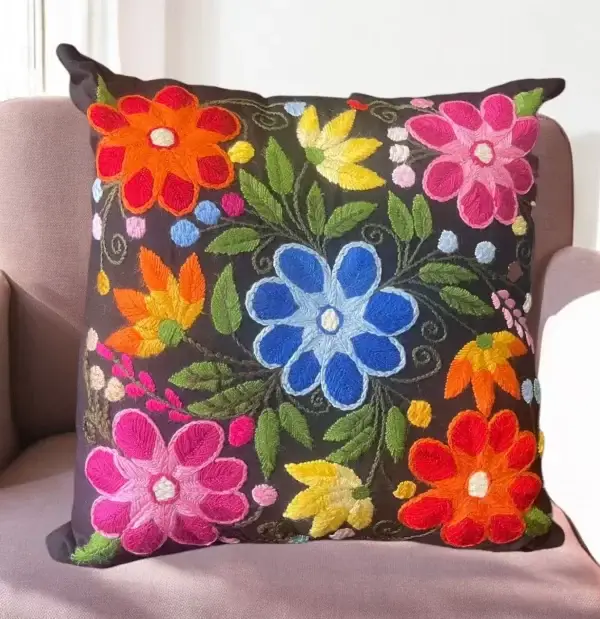 Floral Hand Embroidered Pillows - Black Rainbow Multicolored Design