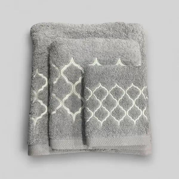 Grey & White Egyptian Cotton Towel Set with Quatrefoil Design