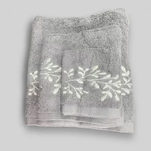 Elegant Grey Egyptian Cotton Towel Set with 3D Leaf Embroidered Design