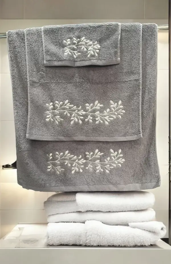 Elegant Grey Egyptian Cotton Towel Set with 3D Leaf Embroidered Design - Image 2