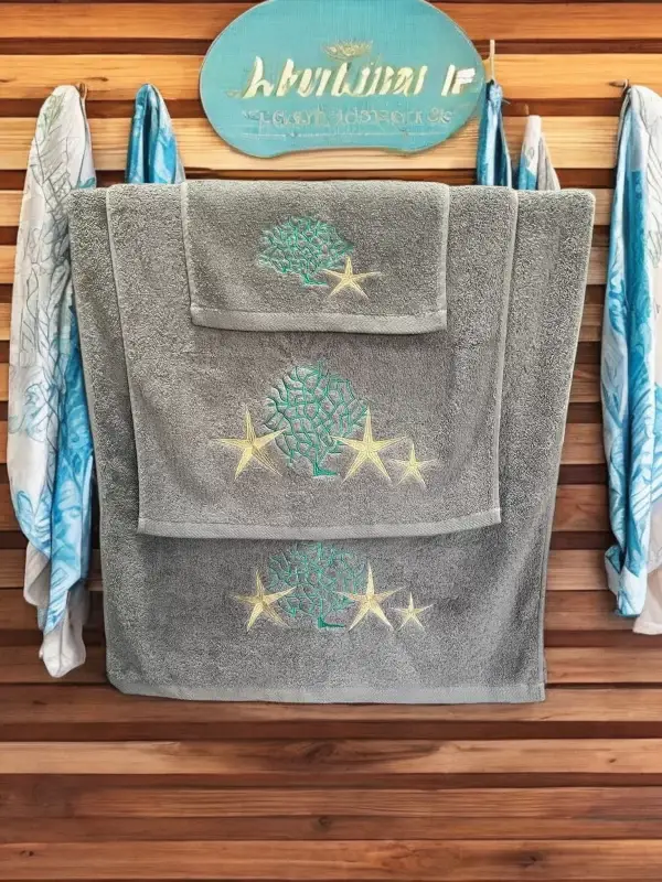 Beachcomber Embroidered Grey Towel Set - 100% Egyptian Cotton - Image 4