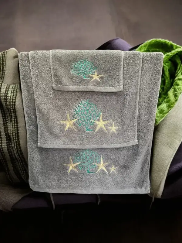 Beachcomber Embroidered Grey Towel Set - 100% Egyptian Cotton - Image 2