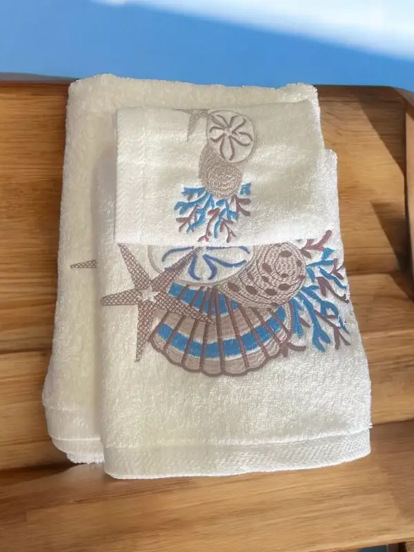 Coastal Seashell Embroidered Cream Towel Set - 100% Egyptian Cotton