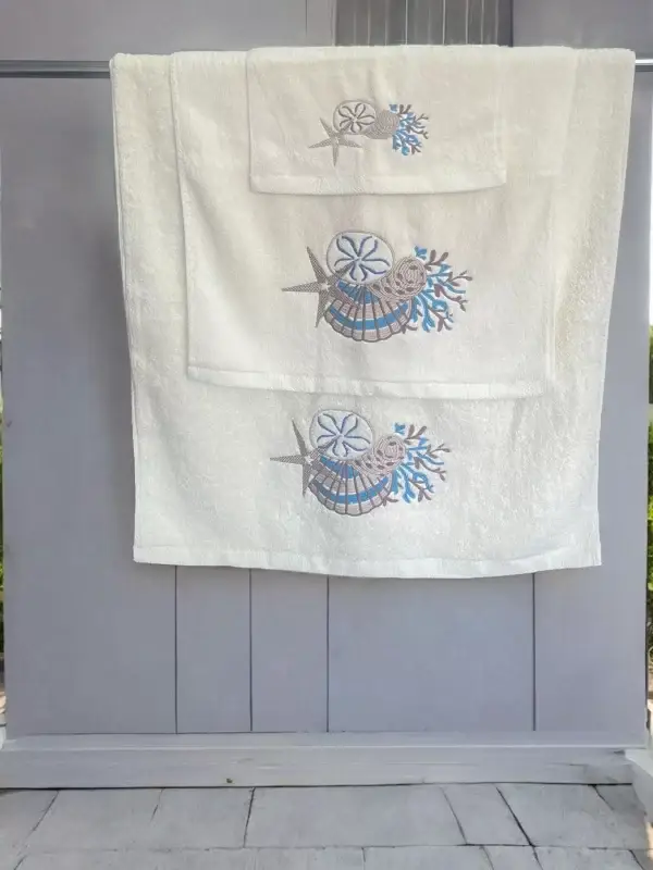 Coastal Seashell Embroidered Cream Towel Set - 100% Egyptian Cotton - Image 2
