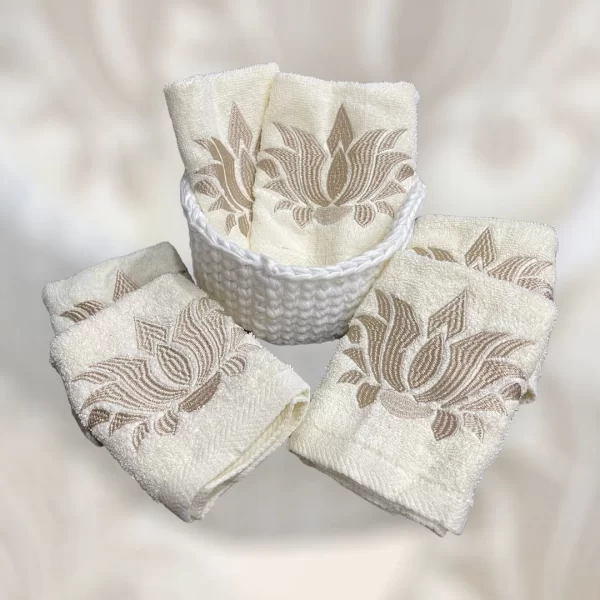 Set of 6 Face Towels with Lotus Embroidery in Handmade Crochet Basket - Image 6