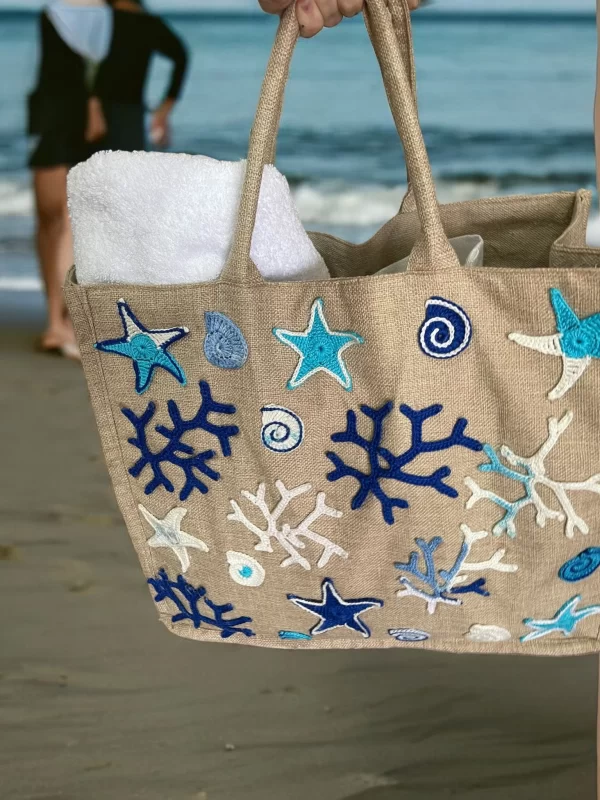 Handmade Coastal Hemp Beach Bag with Crochet Sea Motif - Image 5