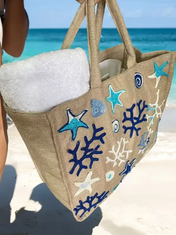 Handmade Coastal Hemp Beach Bag with Crochet Sea Motif - Image 3