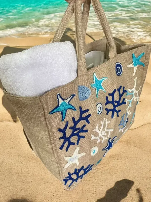 Handmade Coastal Hemp Beach Bag with Crochet Sea Motif - Image 8