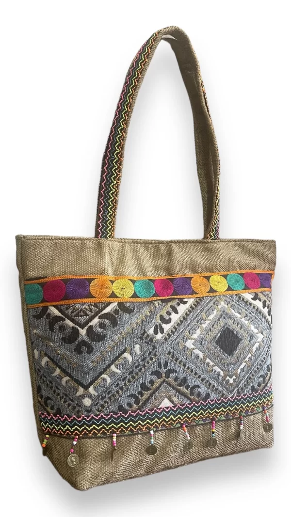 Handmade Geometric Hemp & Burlap Tote Bag with Beaded Tassels - Image 5