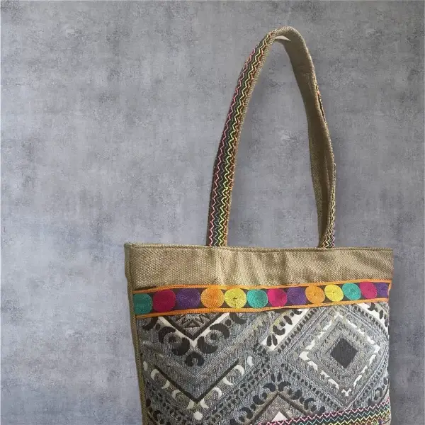 Handmade Geometric Hemp & Burlap Tote Bag with Beaded Tassels - Image 3